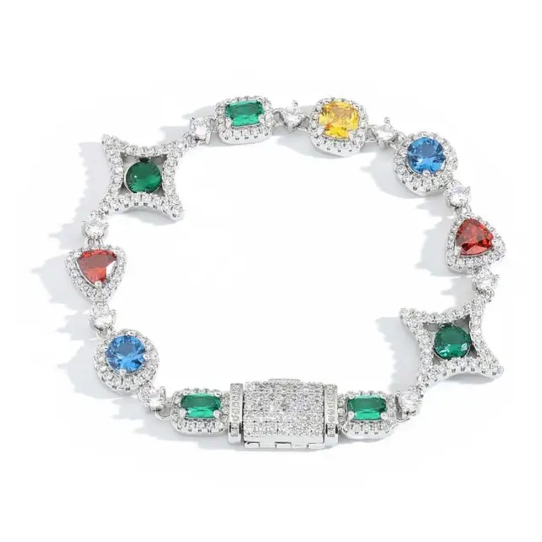 Bracelets à maillons MAWIYA nouveau style tendance en finition Or blanc, orné de pierres multicolores géométriques en zircon cubique éclatants