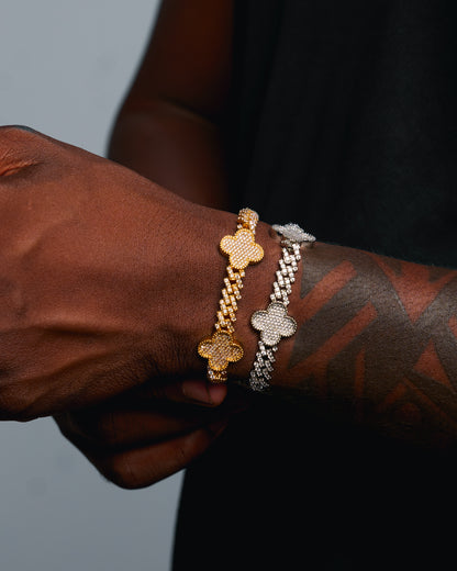 Bracelet Cubaine MAWIYA à Griffes – Trèfle 4 feuilles, finition glacée, plaqué or & argent