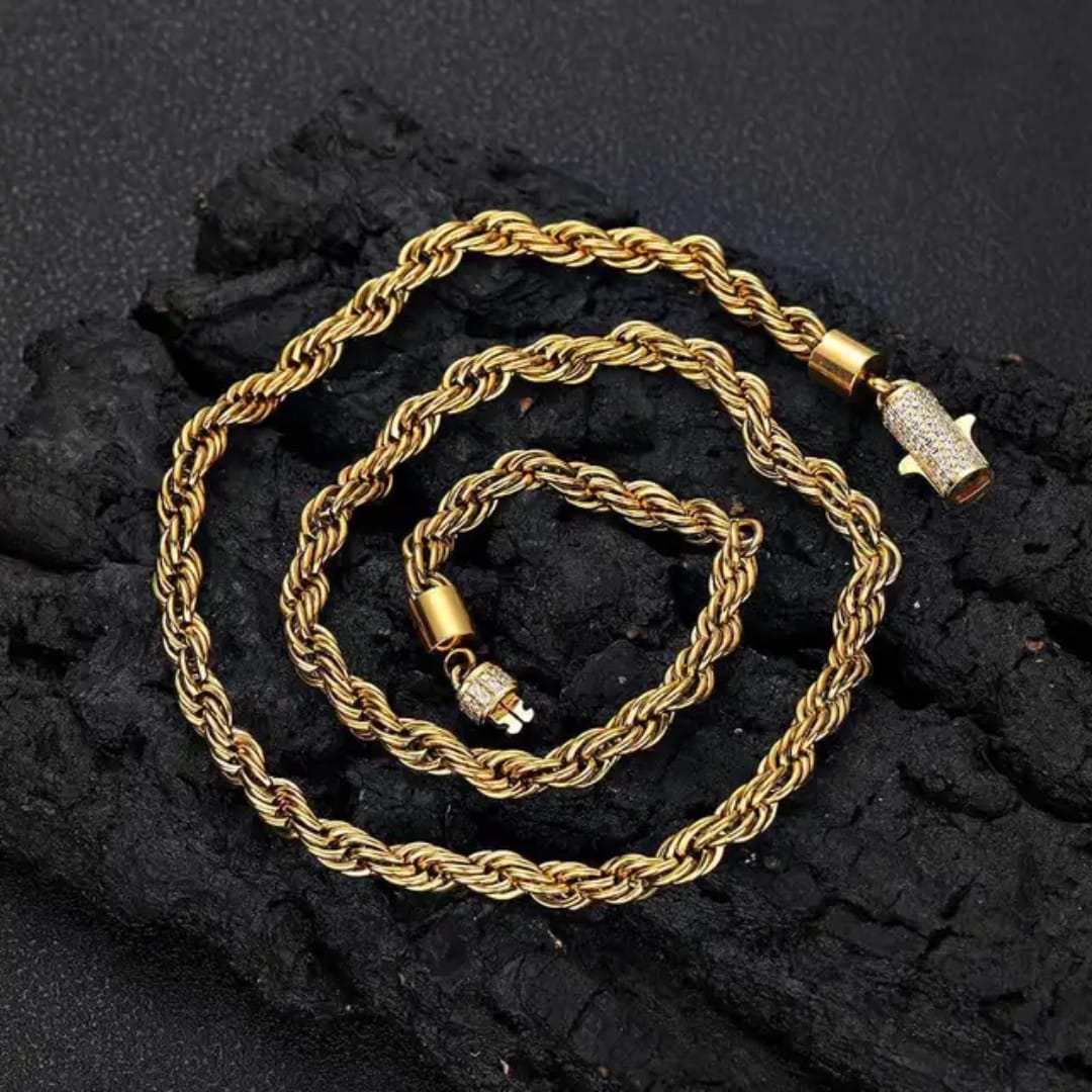 Chaîne torsadée en acier inoxydable plaqué 18K MAWIYA, 6mm avec fermoir sertis de pierre
