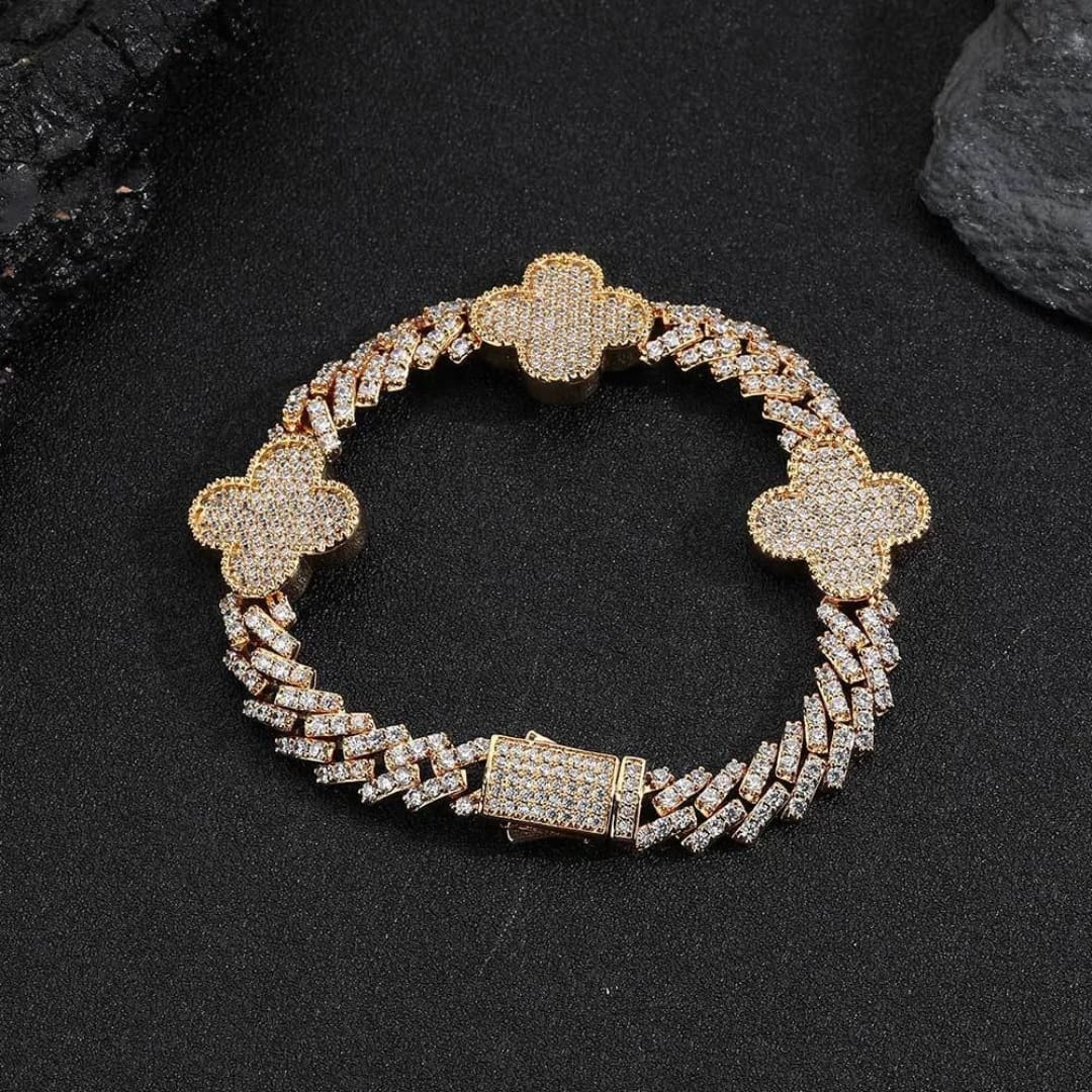 Bracelet Cubaine MAWIYA à Griffes – Trèfle 4 feuilles, finition glacée, plaqué or & argent