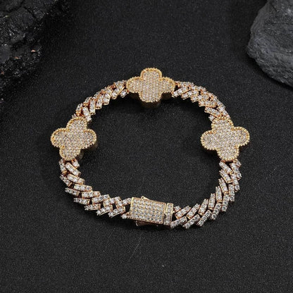 Bracelet Cubaine MAWIYA à Griffes – Trèfle 4 feuilles, finition glacée, plaqué or & argent