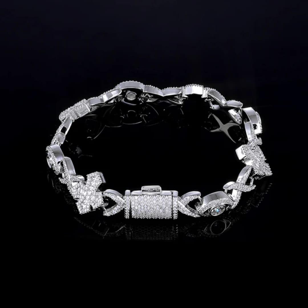 Bracelet cubain MAWIYA Hip-Hop – design croix & œil, zircone cubique CZ, finition glacée premium, argenté