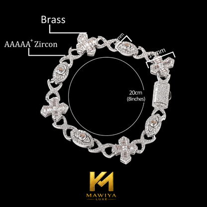 Bracelet cubain MAWIYA Hip-Hop – design croix & œil, zircone cubique CZ, finition glacée premium, argenté