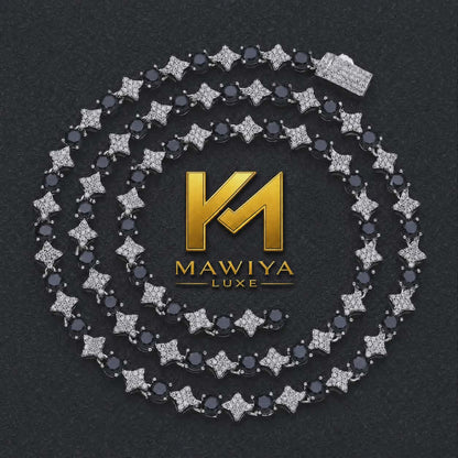 Collier tennis MAWIYA hip-hop premium 6MM, finition argentée/or blanc, serti de zircones scintillantes style diamant. Design étoile moderne avec pierres brillantes, look iced-out